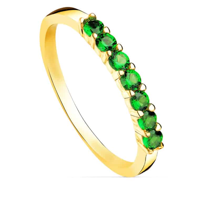 19516-vea Anillo Media Alianza en Oro Amarillo 18K Ancho 2 mm con Circonitas Verdes - Imagen 1