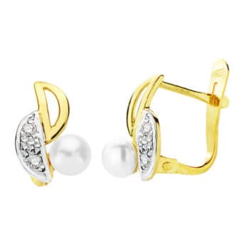 Pendientes Comunión 11 x 6 mm en Oro Bicolor 18K Medias Esferas con Perla y Circonitas