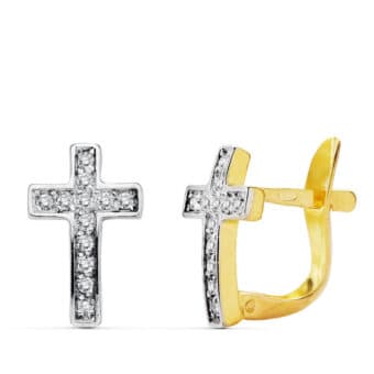 Pendientes Comunión 12 x 8 mm en Oro Bicolor 18K Cruces con Circonitas