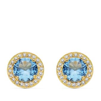 Pendientes Esfera 9 mm Oro Amarillo 18K con Circonita Azul Claro y Blancas