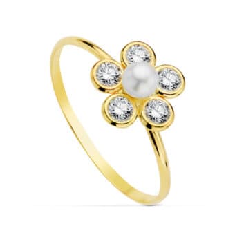 Anillo Comunión 8 x 8 mm en Oro Amarillo 18K con Circonita y Perla Central