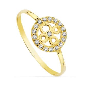 Anillo Comunión 9 mm en Oro Amarillo 18K Orla Circonitas y Detalles Calados