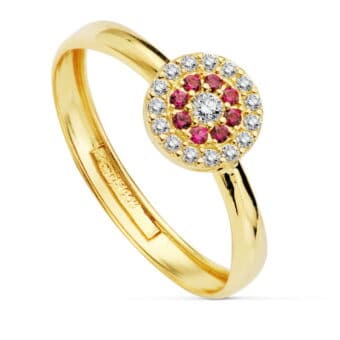 Anillo Oro Amarillo 18 Quilates Orla 7 mm Circonitas Rojas