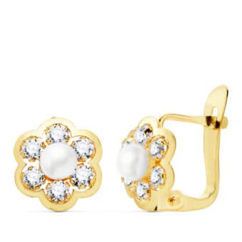 Pendientes Comunión 10 mm en Oro Amarillo 18K Flor Circonitas con Perla