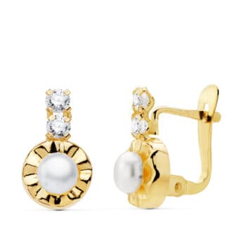 Pendientes Niña Comunión 12 x 7 mm en Oro Amarillo 18 Quilates Tallado y Perlas