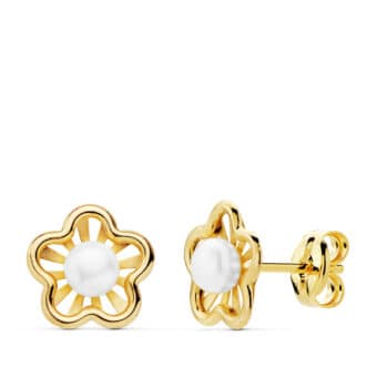 Pendientes Comunión 8 x 7 mm en Oro Amarillo 18K Flores Caladas con Perla