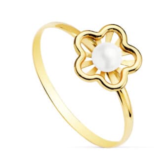 Anillo Comunión 8 mm en Oro Amarillo 18K Flor y Perla