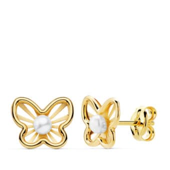 Pendientes Comunión 9 x 7 mm en Oro Amarillo 18K Mariposas Caladas con Perla