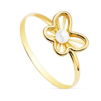Anillo Comunión 8 mm en Oro Amarillo 18K Mariposa y Perla