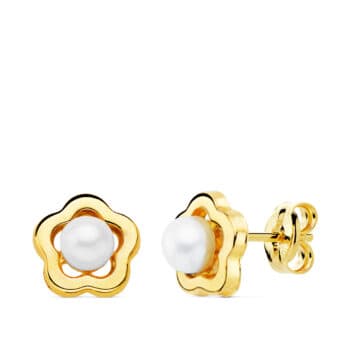 Pendientes Comunión 8 mm en Oro Amarillo 18K Flor con Perla