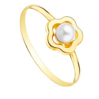Anillo Comunión 8 x 8 mm en Oro Amarillo 18K Flor con Perla