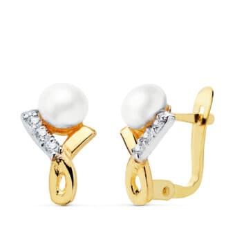 Pendientes Comunión 11 x 7 mm en Oro Bicolor 18K Circonitas y Perla