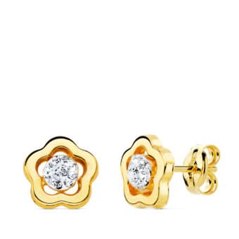 Pendientes 8 mm en Oro Amarillo 18K Flor con Circonitas