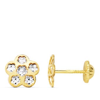 Pendientes Bebé Trébol 8 mm Oro Bicolor 18 Quilates y Circonitas