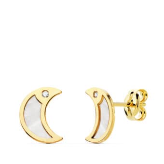 Pendientes 8 x 6 mm en Oro Amarillo de 18 Quilates Luna con Nácar