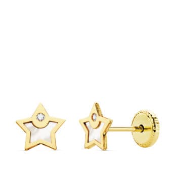 Pendientes Bebé Estrella 6 mm en Oro Amarillo 18 Quilates Nácar y Circonita