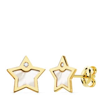 Pendientes 8 x 8 mm en Oro Amarillo de 18 Quilates Estrella con Nácar