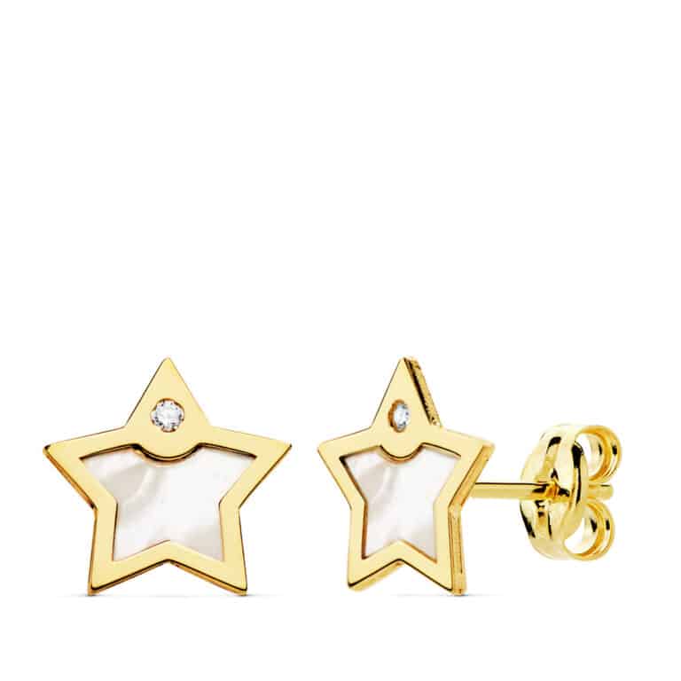 Pendientes 8 x 8 mm en Oro Amarillo de 18 Quilates Estrella con Nácar - Imagen 1