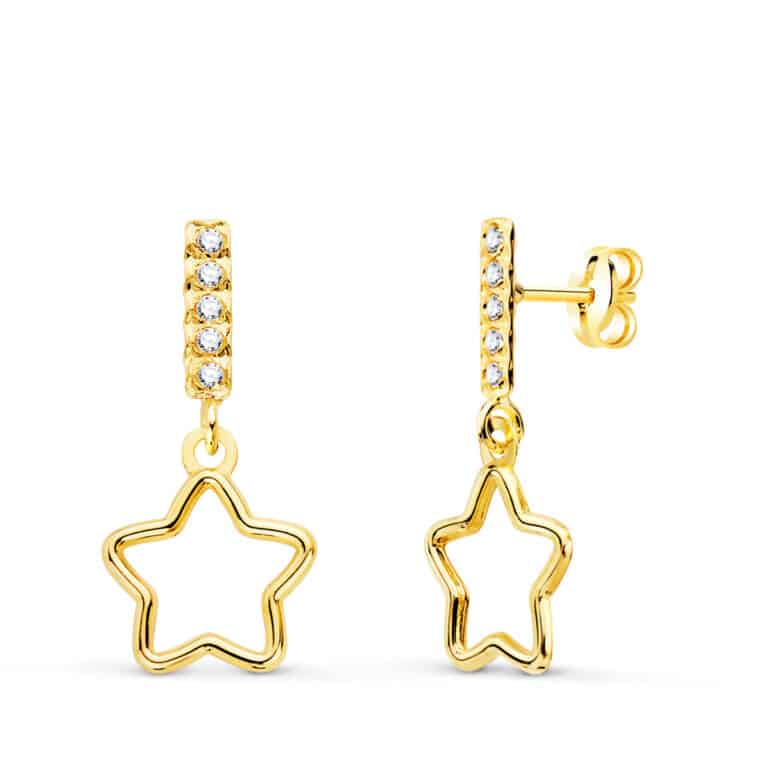 Pendientes 17 x 9 mm en Oro Amarillo de 18 Quilates Barra Circonitas y Estrella - Imagen 1
