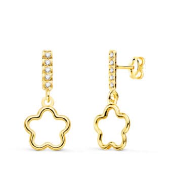 Pendientes 17 x 9 mm en Oro Amarillo de 18 Quilates Barra Circonitas y Flor