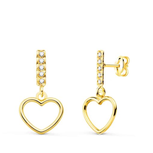 Pendientes 17 x 9 mm en Oro Amarillo de 18 Quilates Barra Circonitas y Corazón
