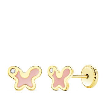 Pendientes Bebé  7 x 5 mm Oro Amarillo 18 Quilates Mariposa Esmalte Rosa