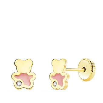 Pendientes Bebé 6 x 5 mm Oro Amarillo 18 Quilates Oso Esmalte Rosa