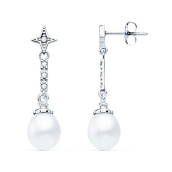 Pendientes 28 x 8 mm Oro Blanco 18K Perlas y Circonitas