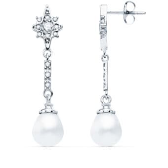 Pendientes 36 x 8 mm Oro Blanco 18K Perlas y Circonitas