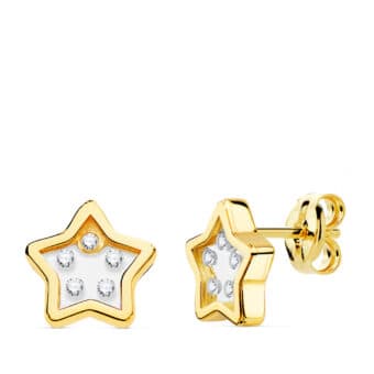 Pendientes 9 x 9 mm Oro Bicolor 18 Quilates Estrella Bordes Lisos