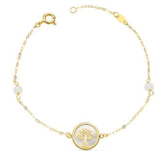 Pulsera en Oro Amarillo 18 Quilates con Árbol de la Vida y Nácar