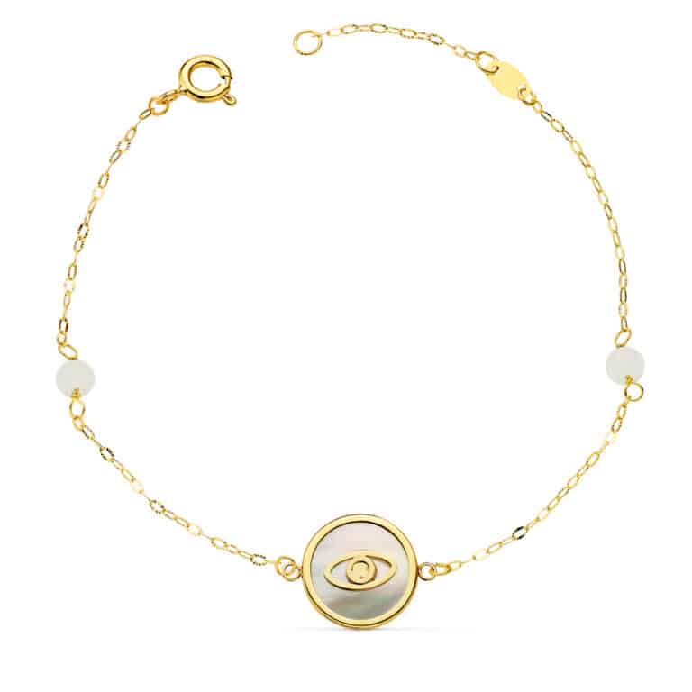 Pulsera en Oro Amarillo 18 Quilates con Ojo Turco y Nácar - Imagen 1