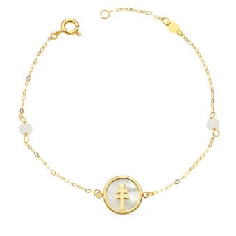 Pulsera en Oro Amarillo 18 Quilates con Cruz Caravaca y Nácar