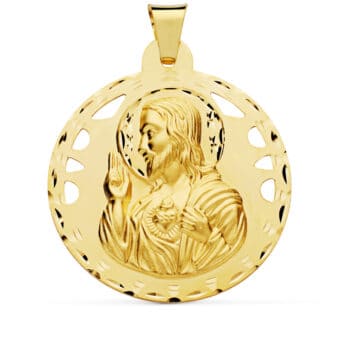 Medalla Sagrado Corazón de Jesús 42 mm Oro Amarillo 18K con Tallas y Calado
