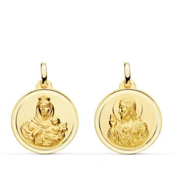Medalla Escapulario 18 mm Virgen del Carmen y Corazón de Jesús Oro Amarillo 18K Bisel