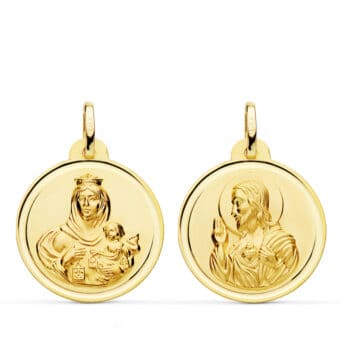 Medalla Escapulario 22 mm Virgen del Carmen y Corazón de Jesús Oro Amarillo 18K Bisel
