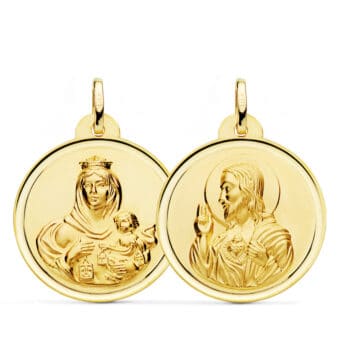 Medalla Escapulario 26 mm Virgen del Carmen y Corazón de Jesús Oro Amarillo 18K Bisel