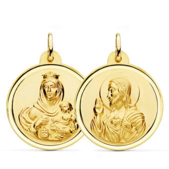 Medalla Escapulario 28 mm Virgen del Carmen y Corazón de Jesús Oro Amarillo 18K Bisel