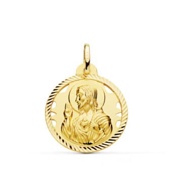 Medalla Sagrado Corazón de Jesús 22 mm Oro Amarillo 18K con Tallas y Calado