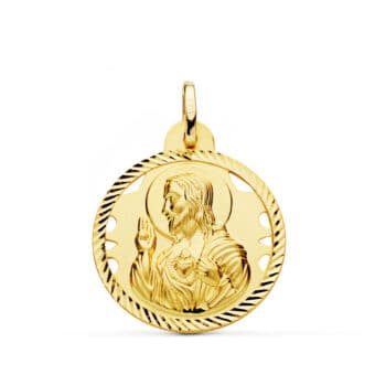 Medalla Sagrado Corazón de Jesús 24 mm Oro Amarillo 18K con Tallas y Calado