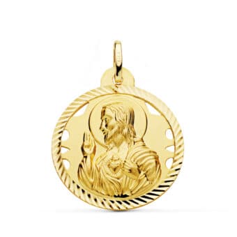 Medalla Sagrado Corazón de Jesús 26 mm Oro Amarillo 18K con Tallas y Calado