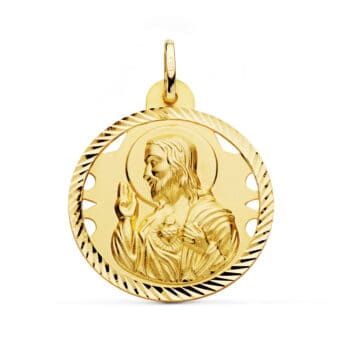 Medalla Sagrado Corazón de Jesús 28 mm Oro Amarillo 18K con Tallas y Calado