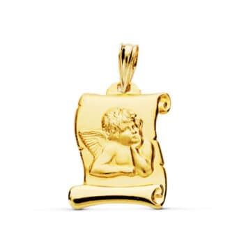 Medalla Bebé Pergamino 20 x 16 mm Ángel Burlón en Oro Amarillo 18 Quilates Brillo