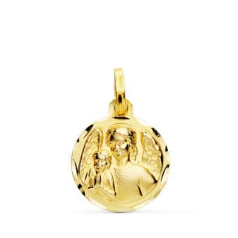Medalla Bebé 14 mm Ángel de la Guarda con Niño en Oro Amarillo 18K