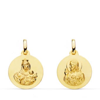 Medalla Escapulario 16 mm Virgen del Carmen y Corazón de Jesús Oro Amarillo 18K