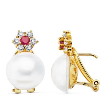 Pendientes Perla Japonesa 21 x 13 mm en Oro Amarillo 18K Estrella Circonitas