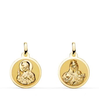 Medalla Escapulario 14 mm Virgen del Carmen y Corazón de Jesús Oro Amarillo 18K Borde Brillo