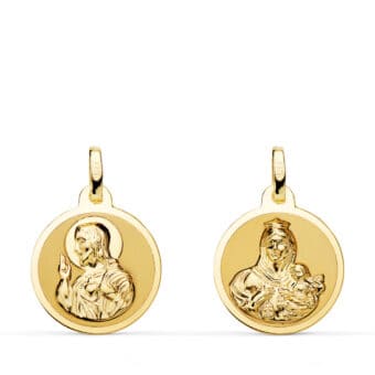 Medalla Escapulario 16 mm Virgen del Carmen y Corazón de Jesús Oro Amarillo 18K Borde Brillo