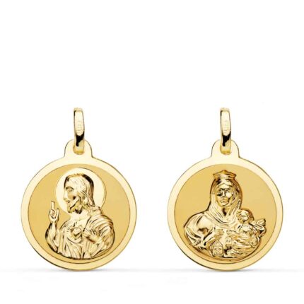 Medalla Escapulario 18 mm Virgen del Carmen y Corazón de Jesús Oro Amarillo 18K Borde Brillo