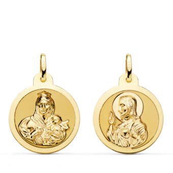 Medalla Escapulario 20 mm Virgen del Carmen y Corazón de Jesús Oro Amarillo 18K Borde Brillo